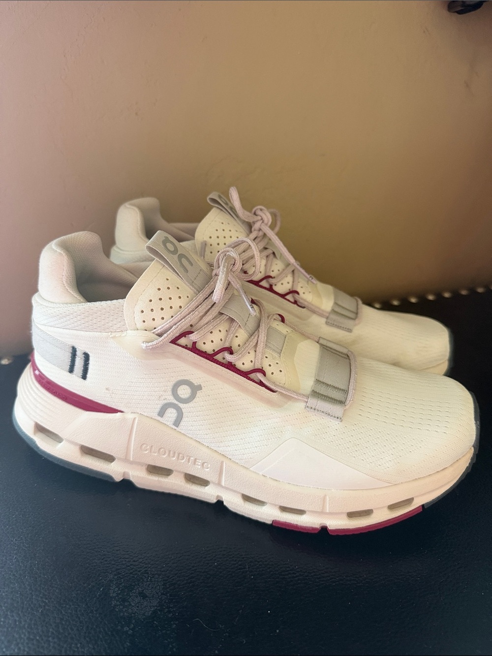 On Running Women's White Sneakers with burgundy Accents